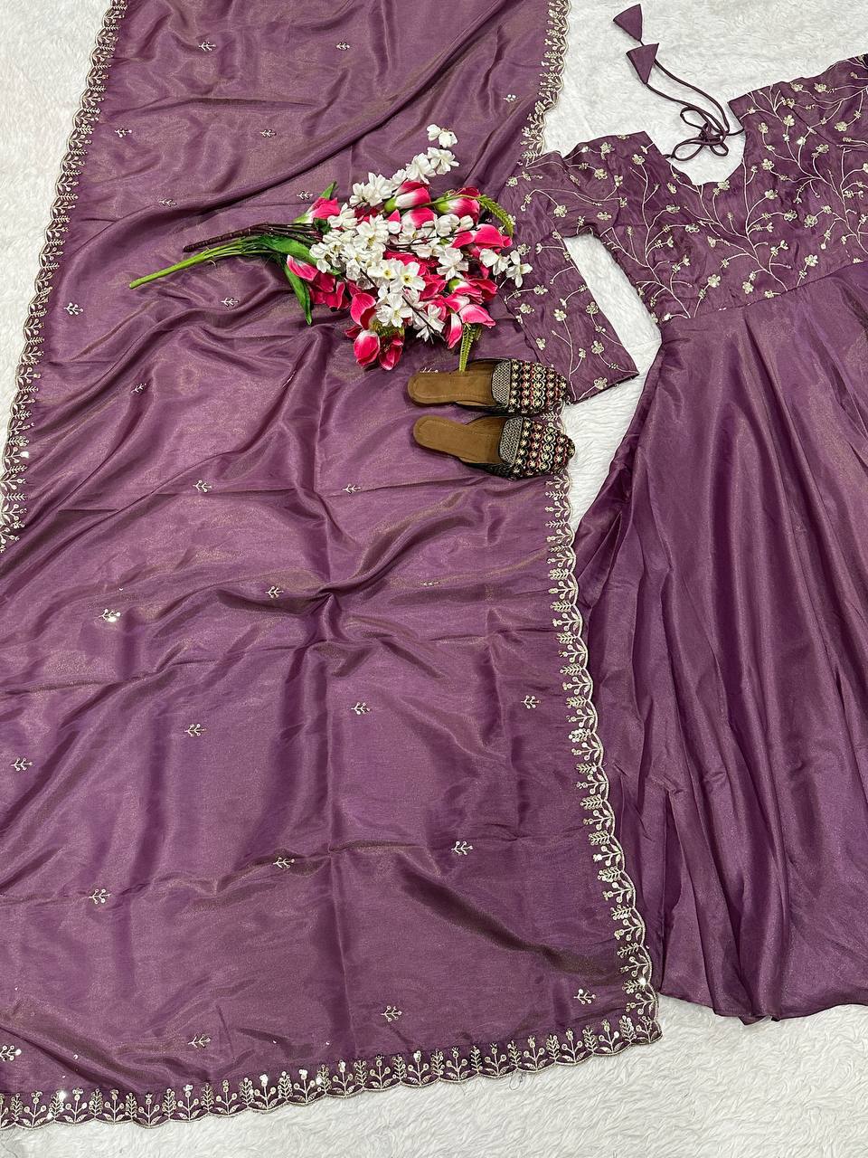 Ethereal Lavender Flared Anarkali Suit Set Featuring Delicate Floral Bodice Embroidery and a Scalloped Dupatta